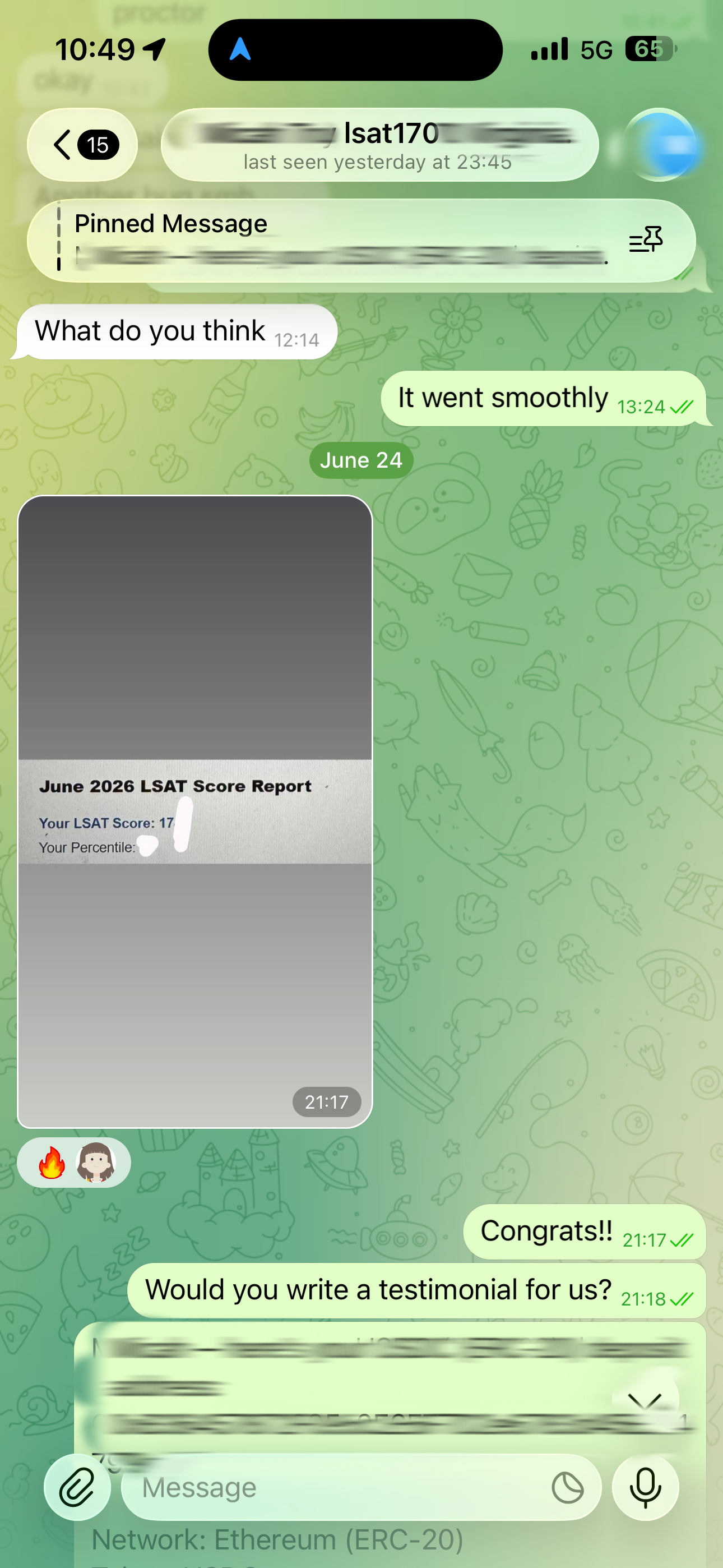 screenshot of chat logs for LSAT 부정행위 success story #750