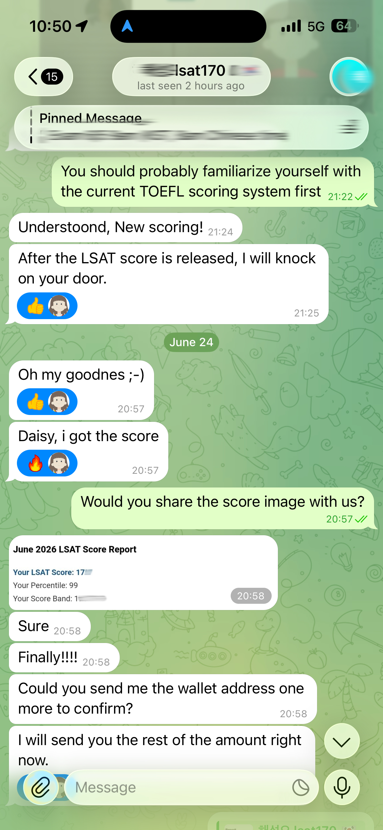 screenshot of chat logs for LSAT 부정행위 success story #750