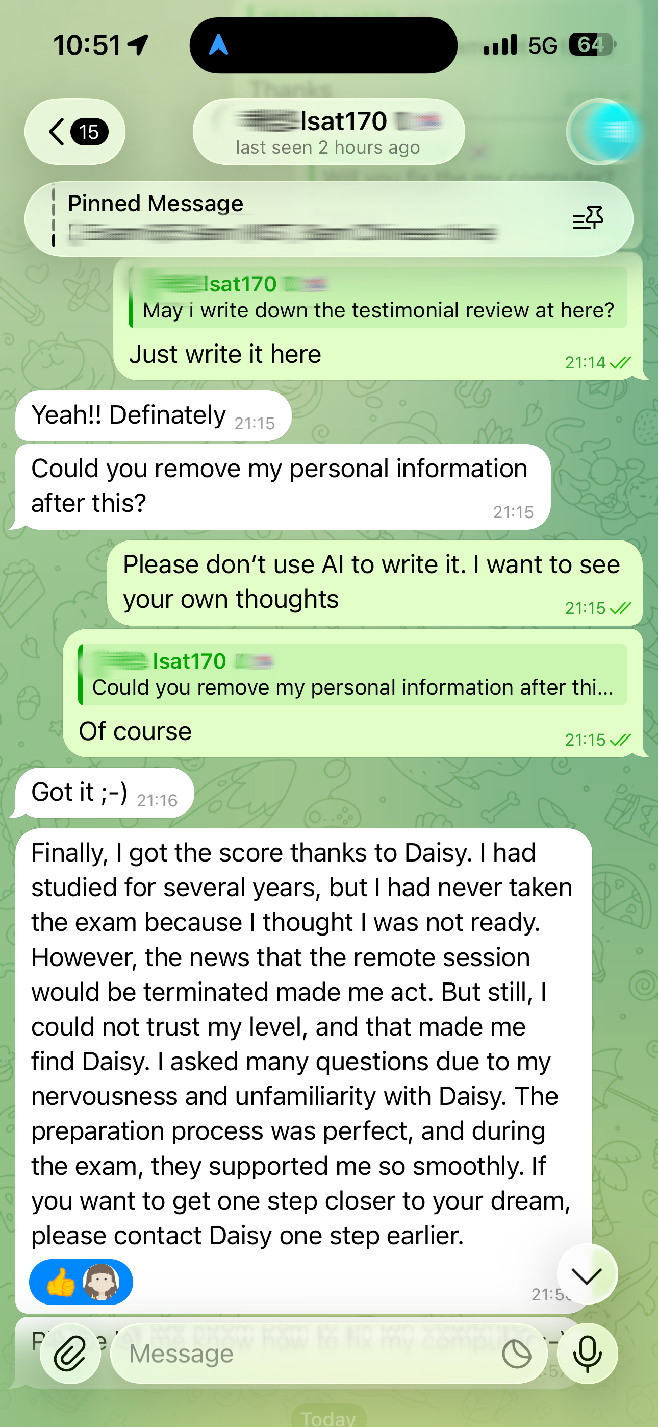 screenshot of chat logs for LSAT 부정행위 success story #750