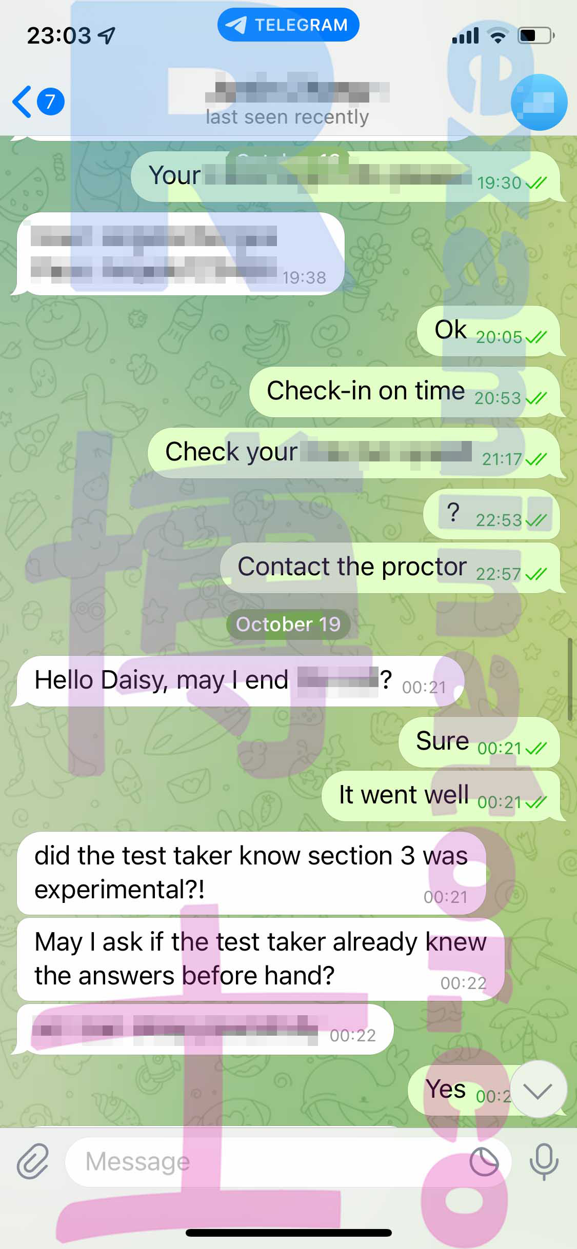 screenshot delle chat per Truffa nel LSAT storia di successo #408