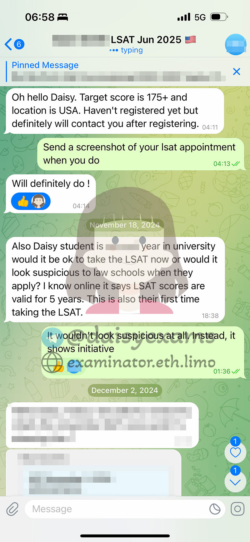 screenshot of chat logs for Tricherie au LSAT success story #704