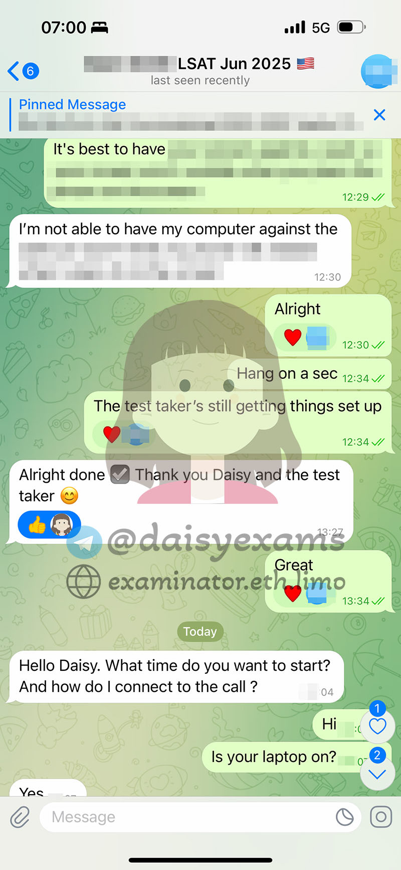 screenshot of chat logs for Tricherie au LSAT success story #704