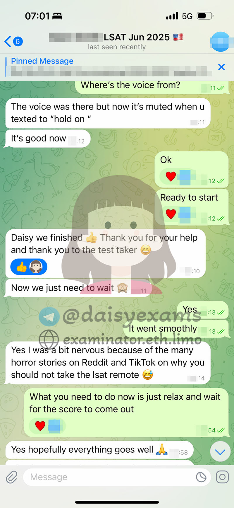 screenshot of chat logs for Tricherie au LSAT success story #704