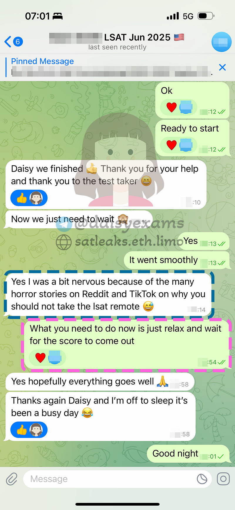 screenshot of chat logs for Tricherie au LSAT success story #704