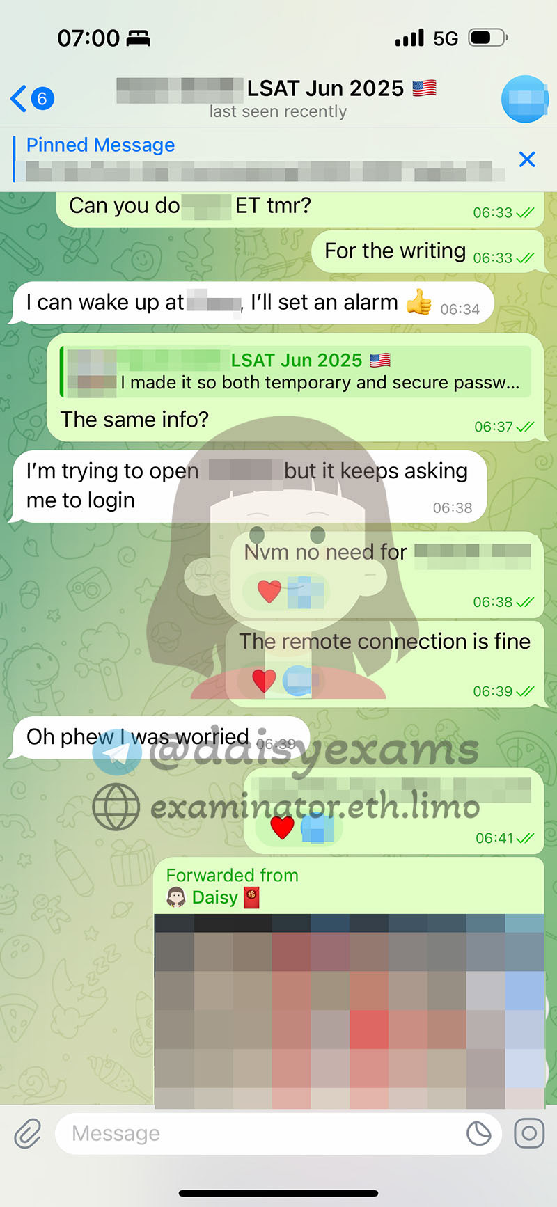 screenshot of chat logs for Tricherie au LSAT success story #704