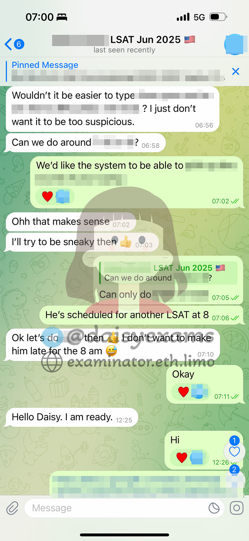 screenshot of chat logs for Tricherie au LSAT success story #704