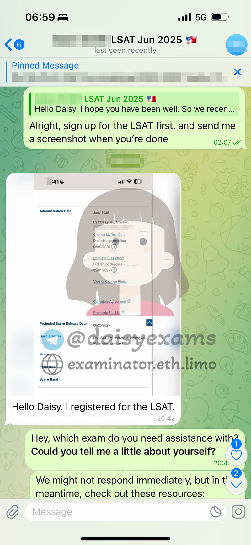 screenshot of chat logs for Tricherie au LSAT success story #704