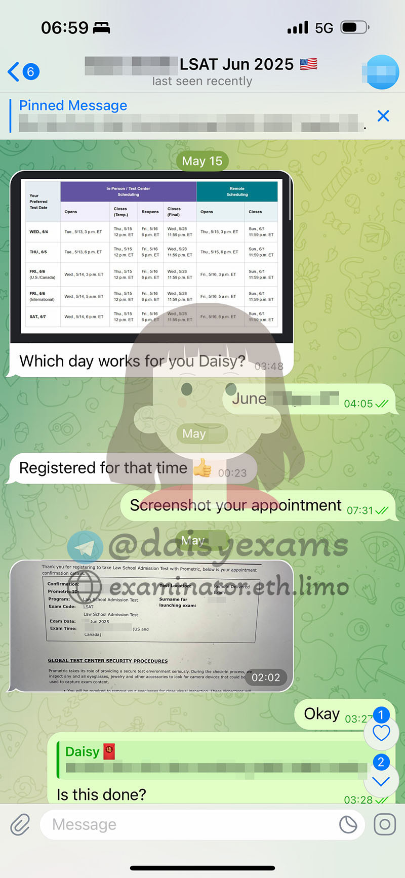 screenshot of chat logs for Tricherie au LSAT success story #704