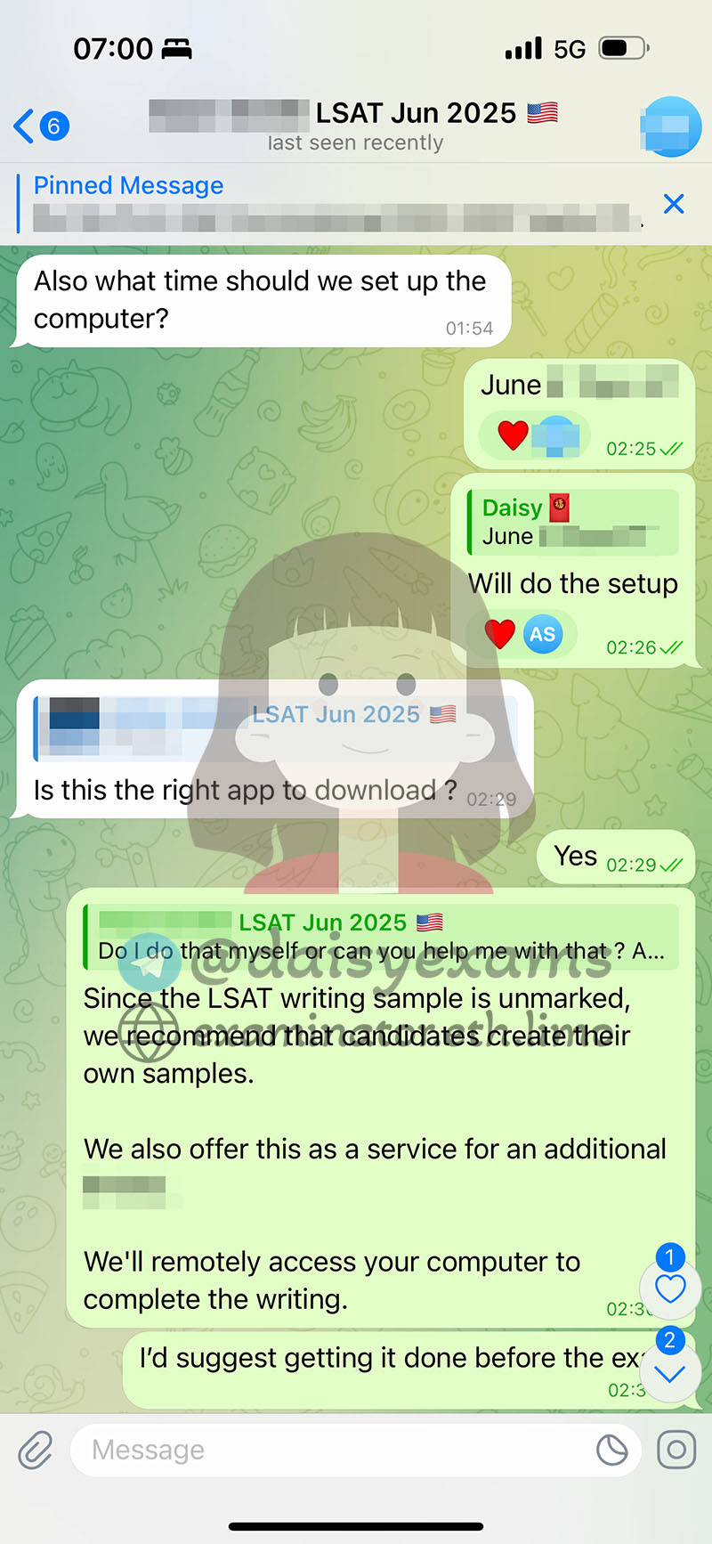 screenshot of chat logs for Tricherie au LSAT success story #704