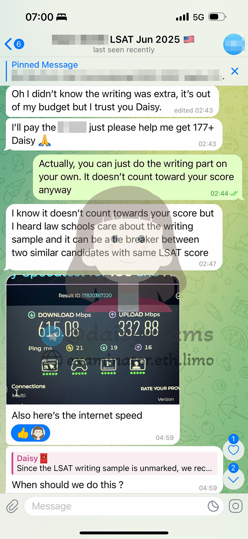 screenshot of chat logs for Tricherie au LSAT success story #704