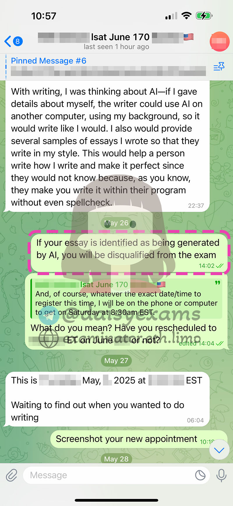 screenshot of chat logs for Tricherie au LSAT success story #702