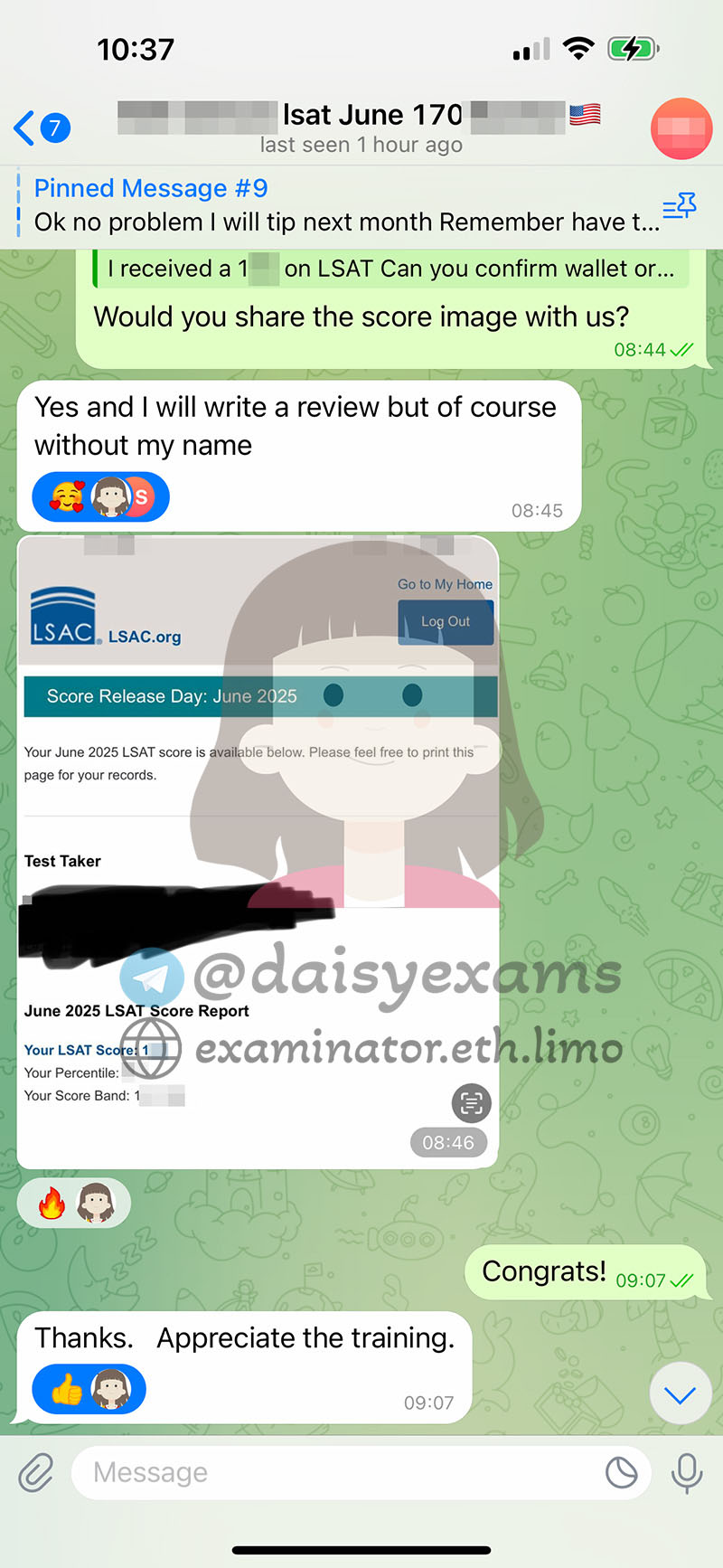 screenshot of chat logs for Tricherie au LSAT success story #702