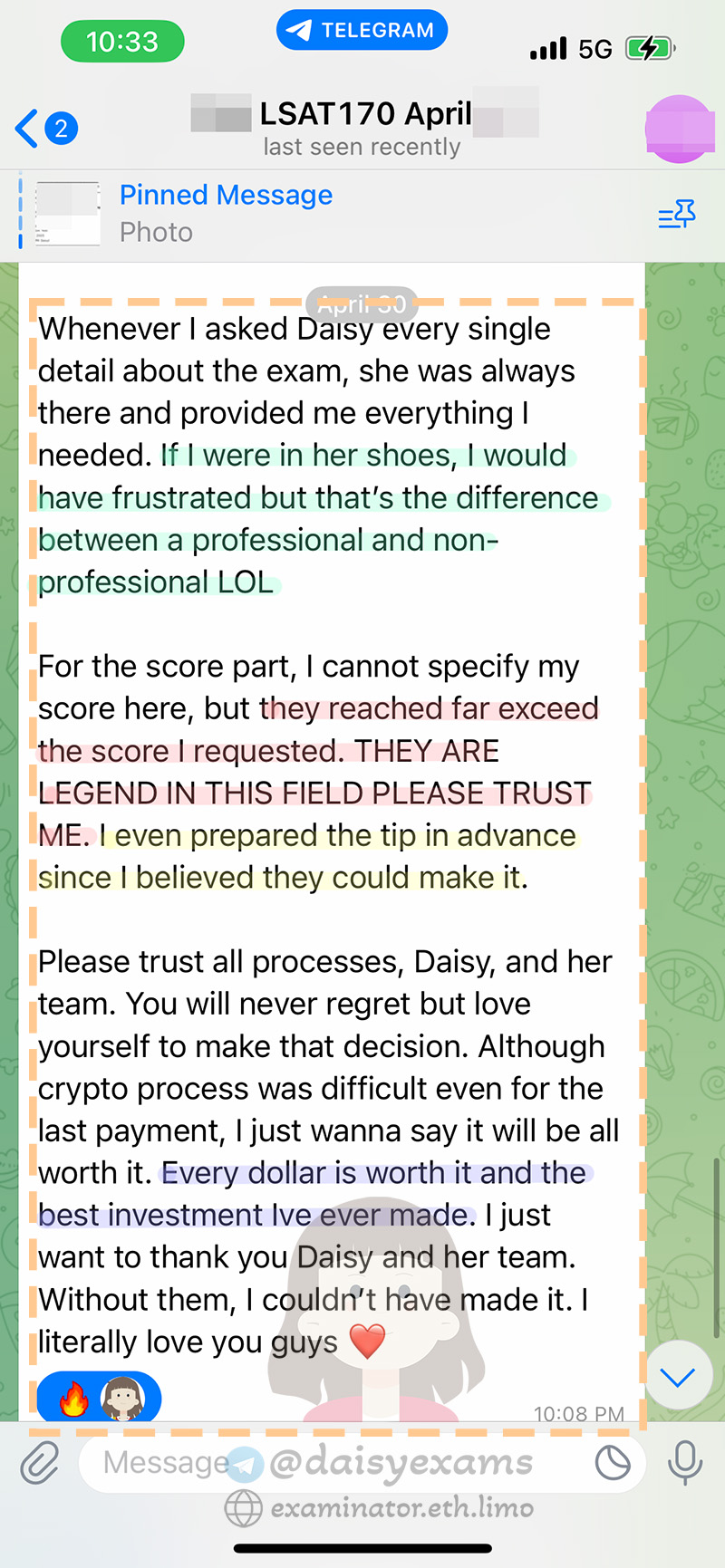screenshot of chat logs for LSAT 부정행위 success story #696