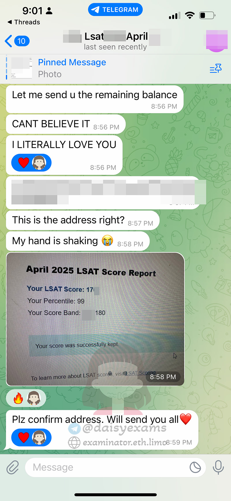 screenshot of chat logs for LSAT 부정행위 success story #696