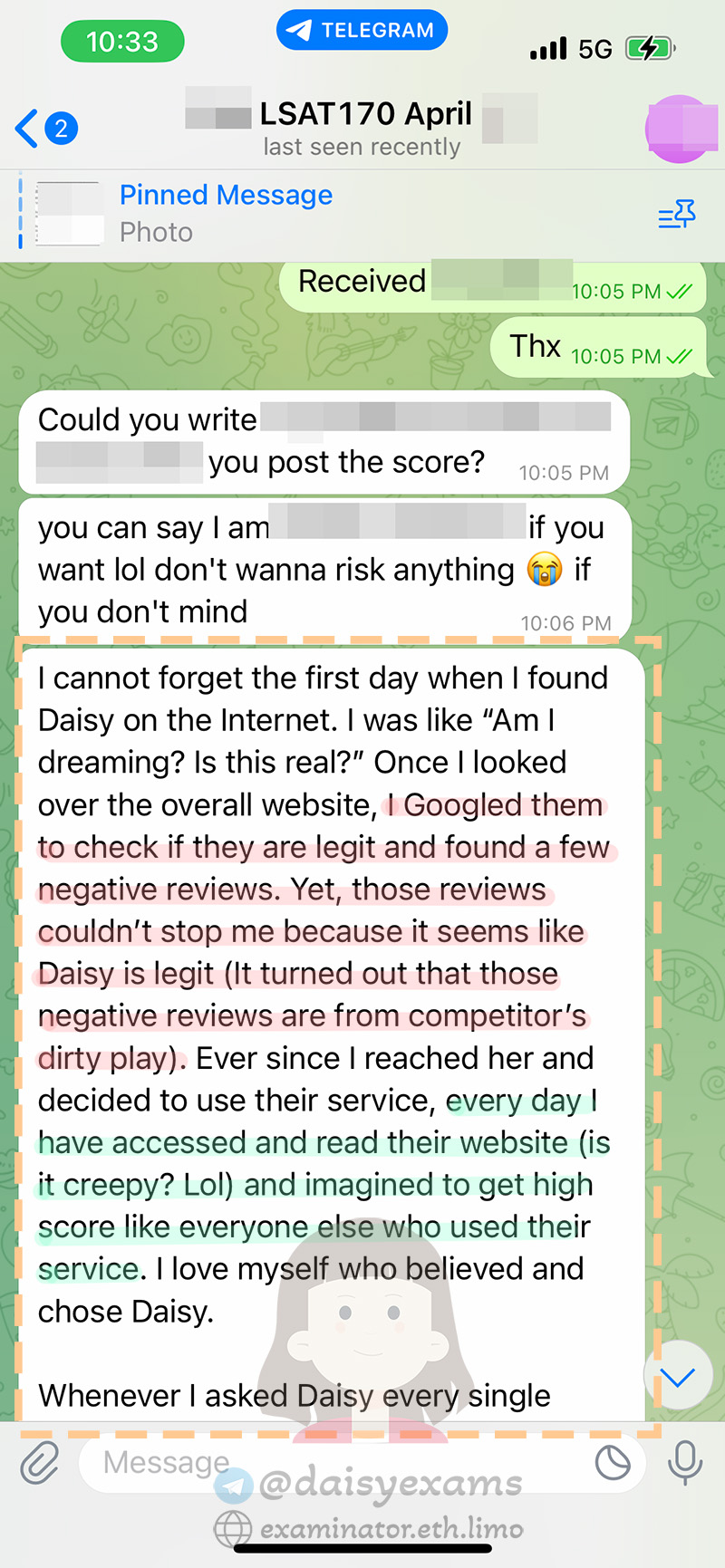 screenshot of chat logs for LSAT 부정행위 success story #696