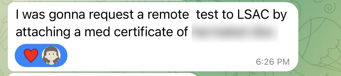 Customer message asking about a remote LSAT with a medical certificate