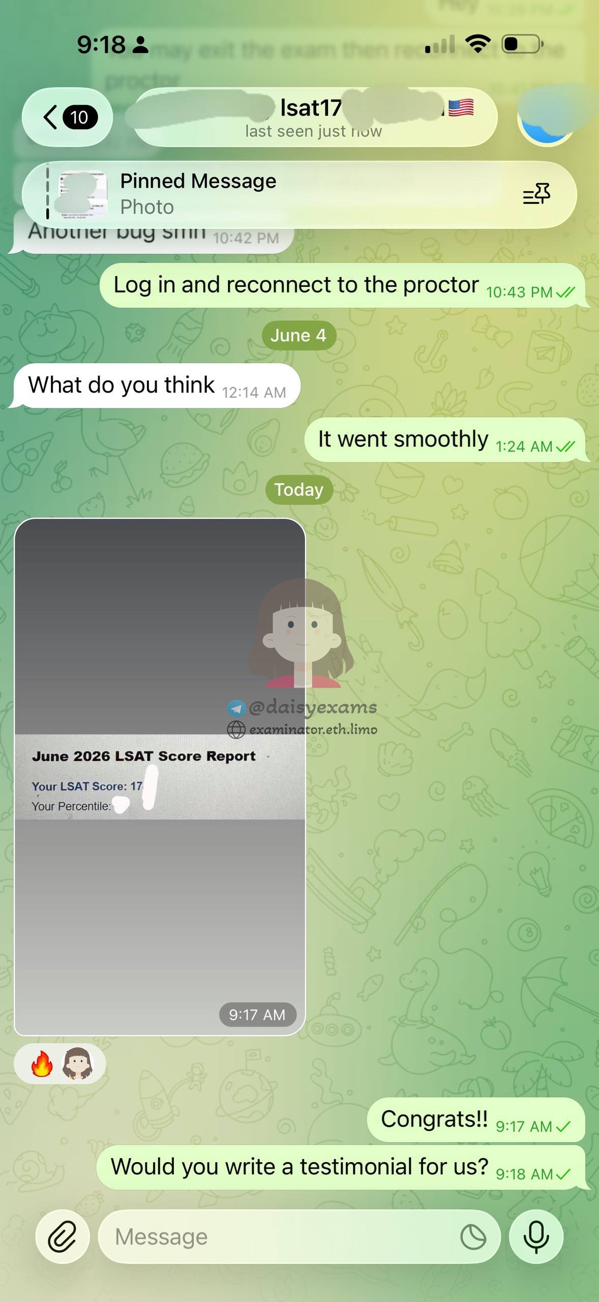 screenshot of chat logs for LSAT Cheating success story #750