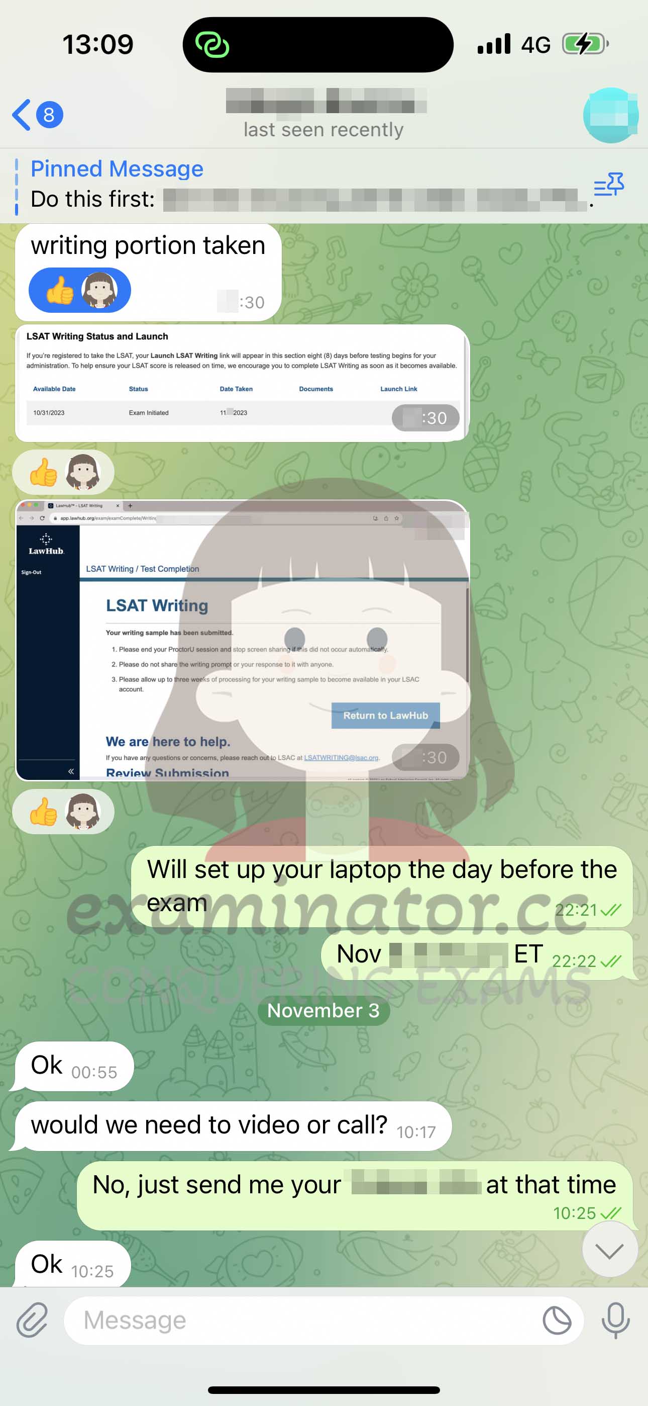 screenshot of chat logs for LSAT 부정행위 success story #599