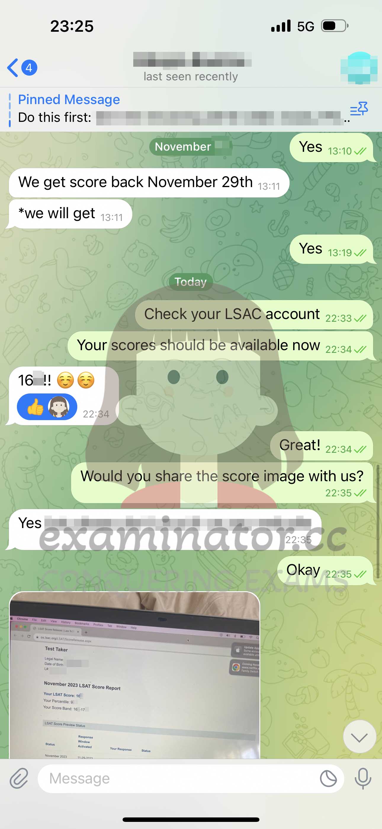 screenshot of chat logs for LSAT 부정행위 success story #599