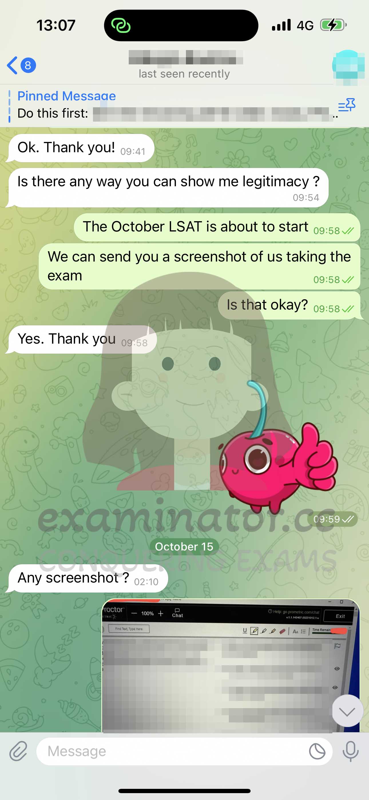 screenshot of chat logs for LSAT 부정행위 success story #599