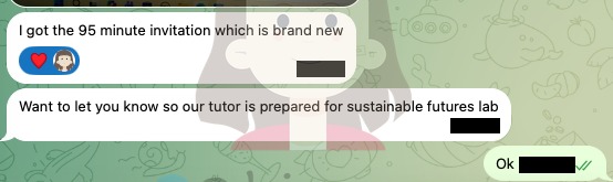 Client: I got the 95 minute invitation which is brand new; prepare the tutor for Sustainable Futures Lab