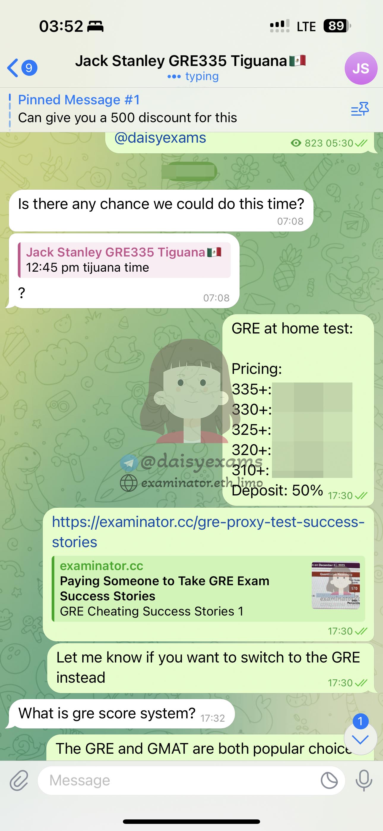 عميل من المكسيك استأجر examinator.cc وديزي لأداء اختبار GRE في المنزل بدلاً منهم