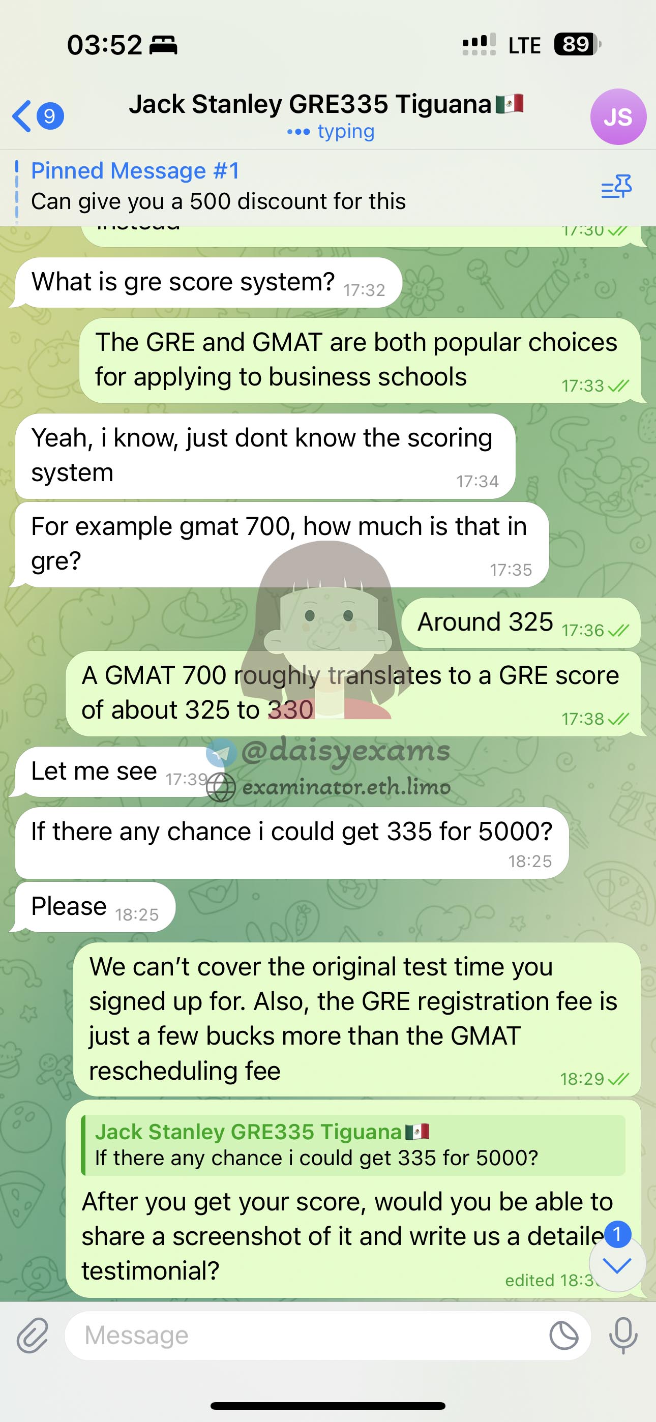 عميل من المكسيك استأجر examinator.cc وديزي لأداء اختبار GRE في المنزل بدلاً منهم