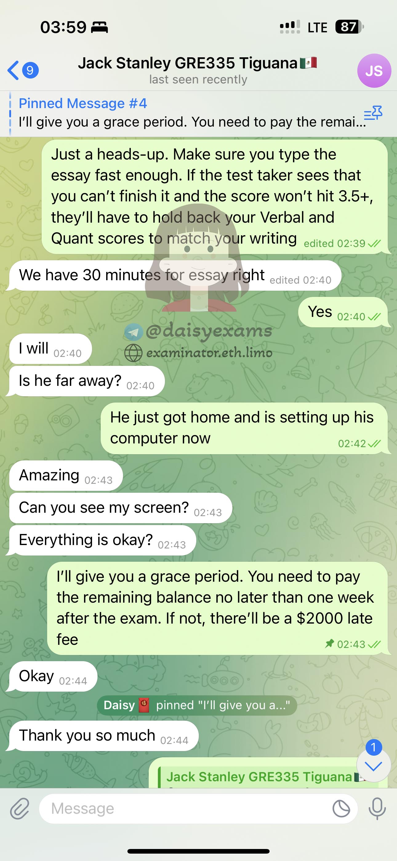 GRE代考保分成功案例#707的与客户对话截图