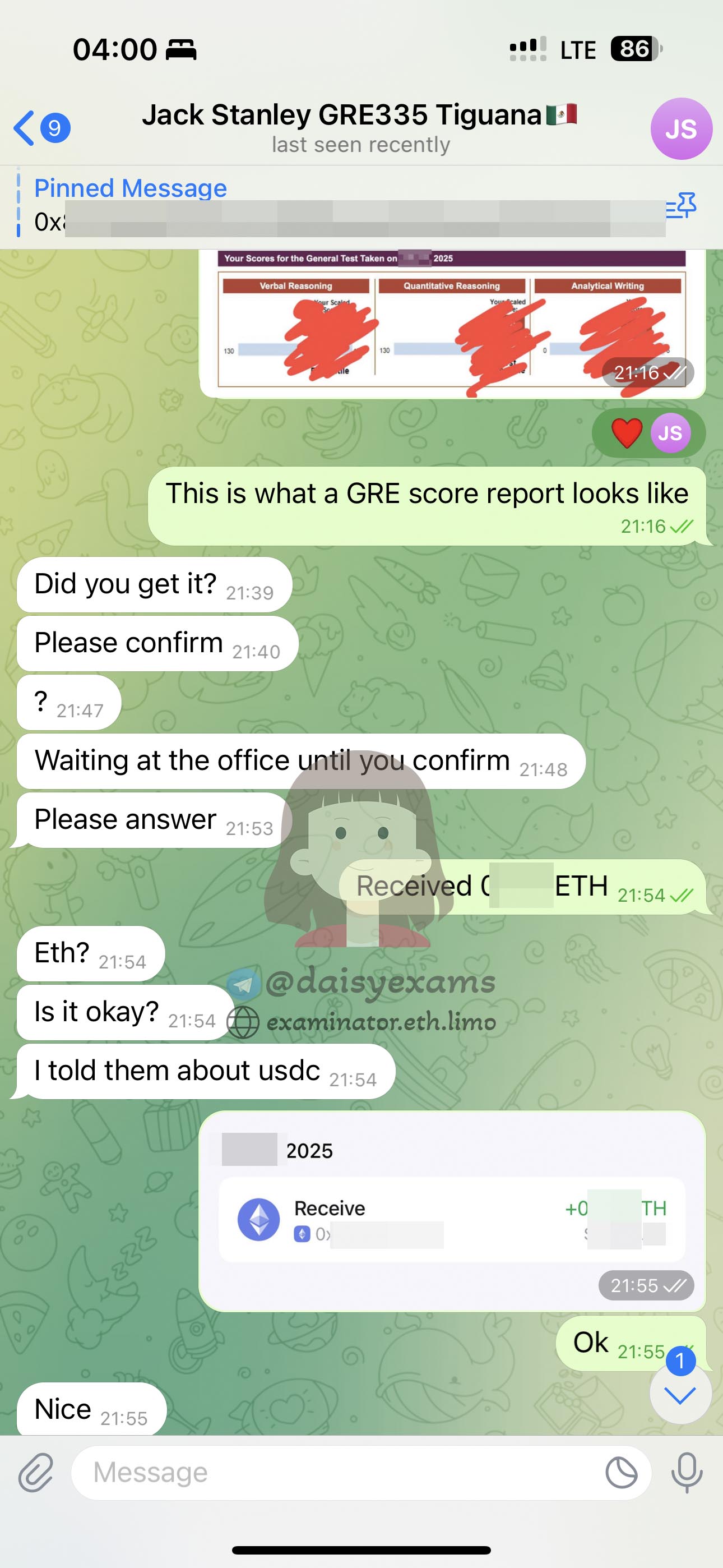 GRE代考保分成功案例#707的与客户对话截图