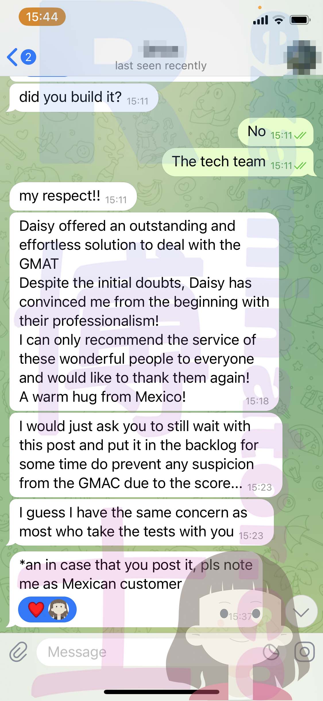 screenshot of chat logs for Tricherie au GMAT success story #515