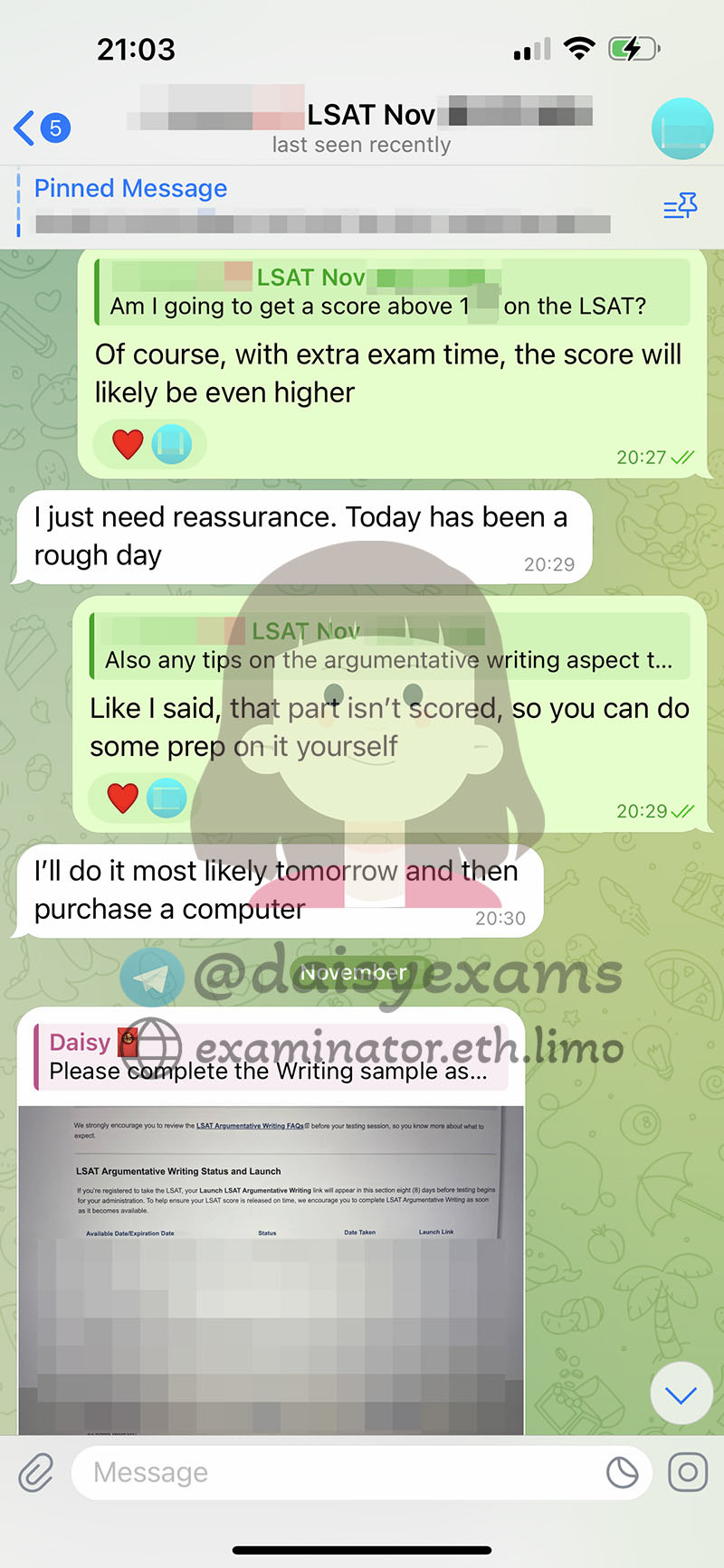 screenshot of chat logs for LSAT Cheating success story #687