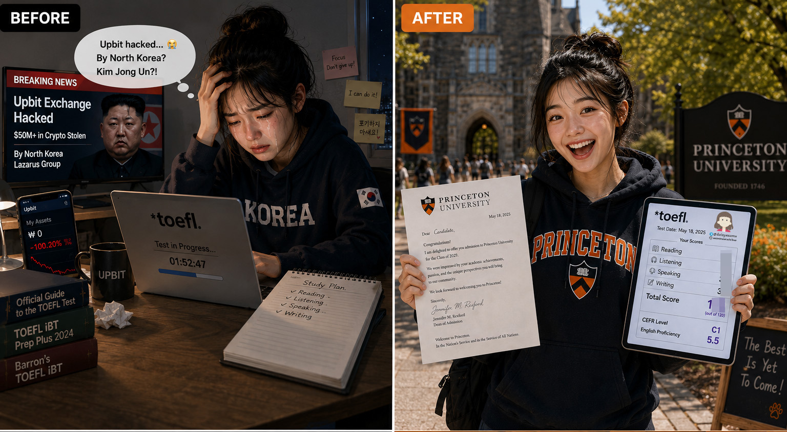 Before and after: a Korea TOEFL client stressed by the Upbit hack, then celebrating an Ivy League acceptance