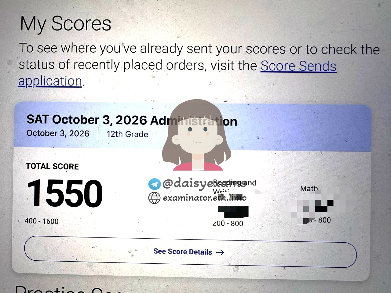screenshot of chat logs for SAT Cheating success story #762