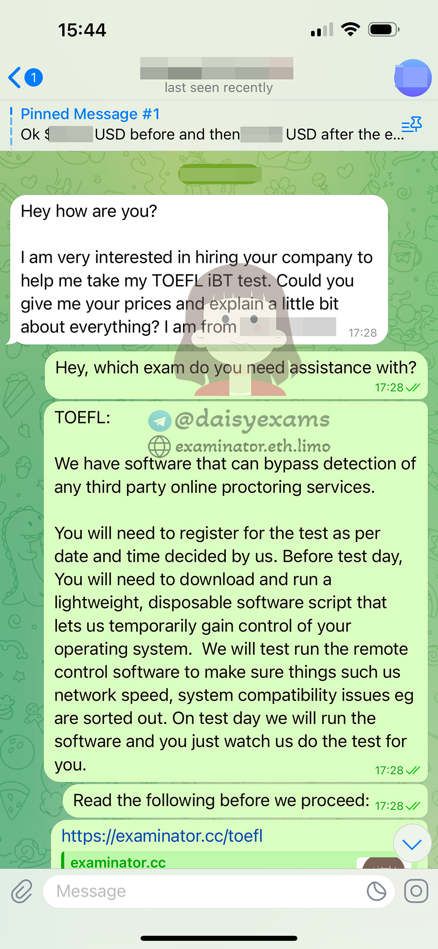 screenshot of chat logs for [TOEFLのカンニングサービス] success story #426