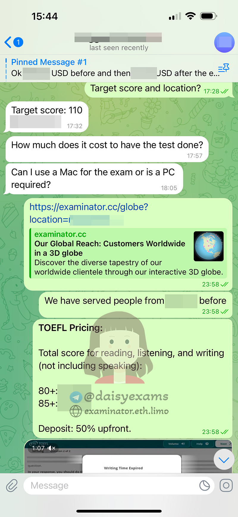 screenshot of chat logs for [TOEFLのカンニングサービス] success story #426