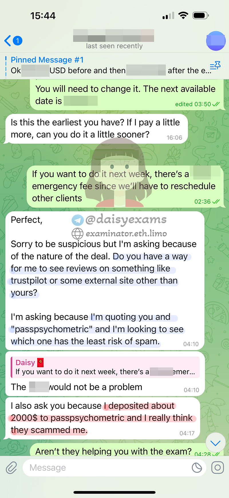 screenshot of chat logs for [TOEFLのカンニングサービス] success story #426