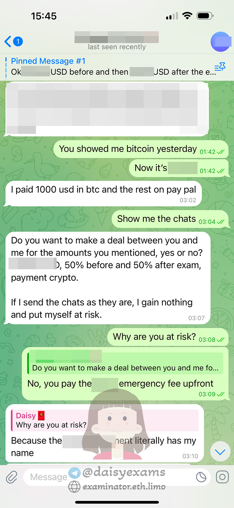 screenshot of chat logs for [TOEFLのカンニングサービス] success story #426