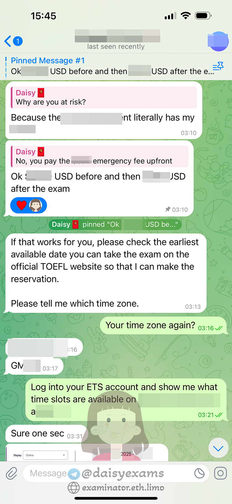 screenshot of chat logs for [TOEFLのカンニングサービス] success story #426