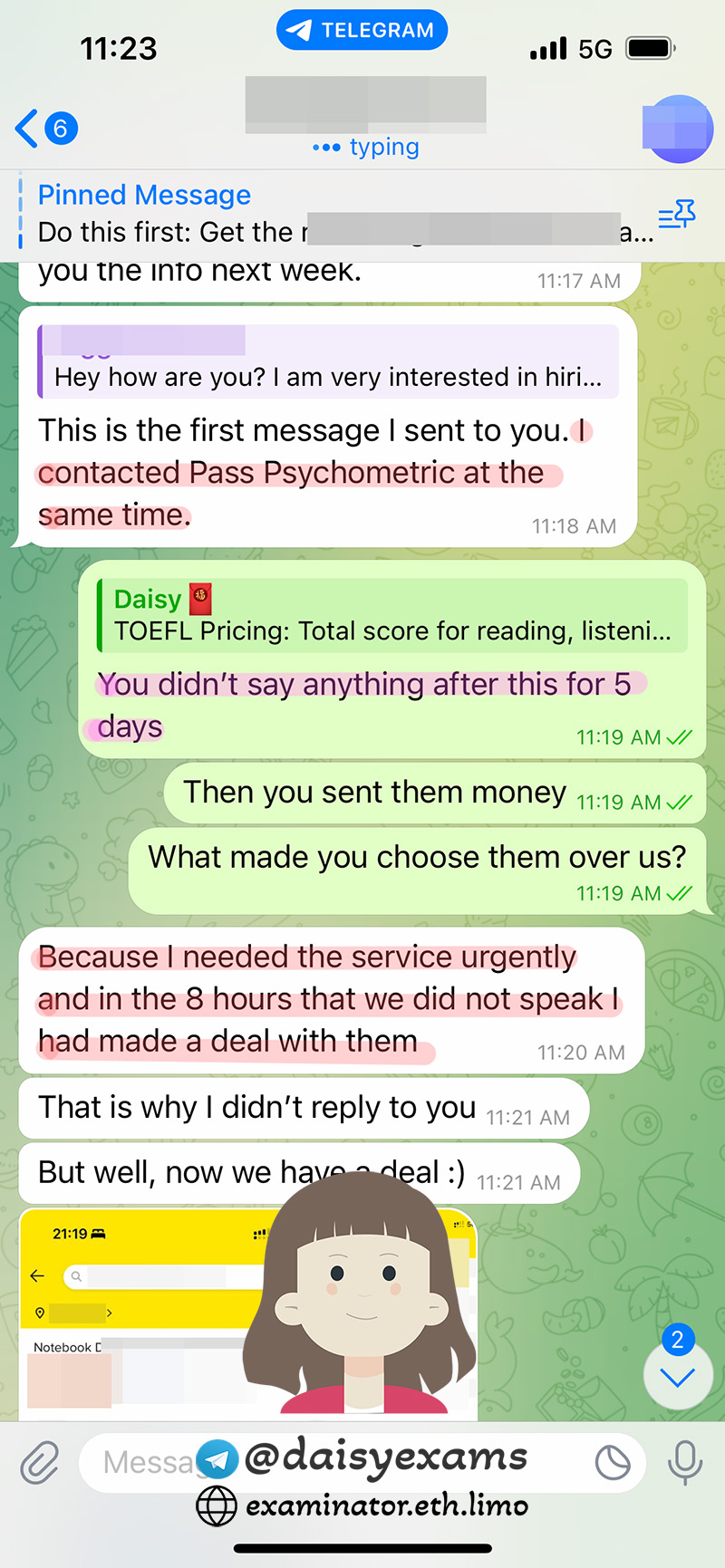 screenshot of chat logs for [TOEFL 부정행위] success story #426