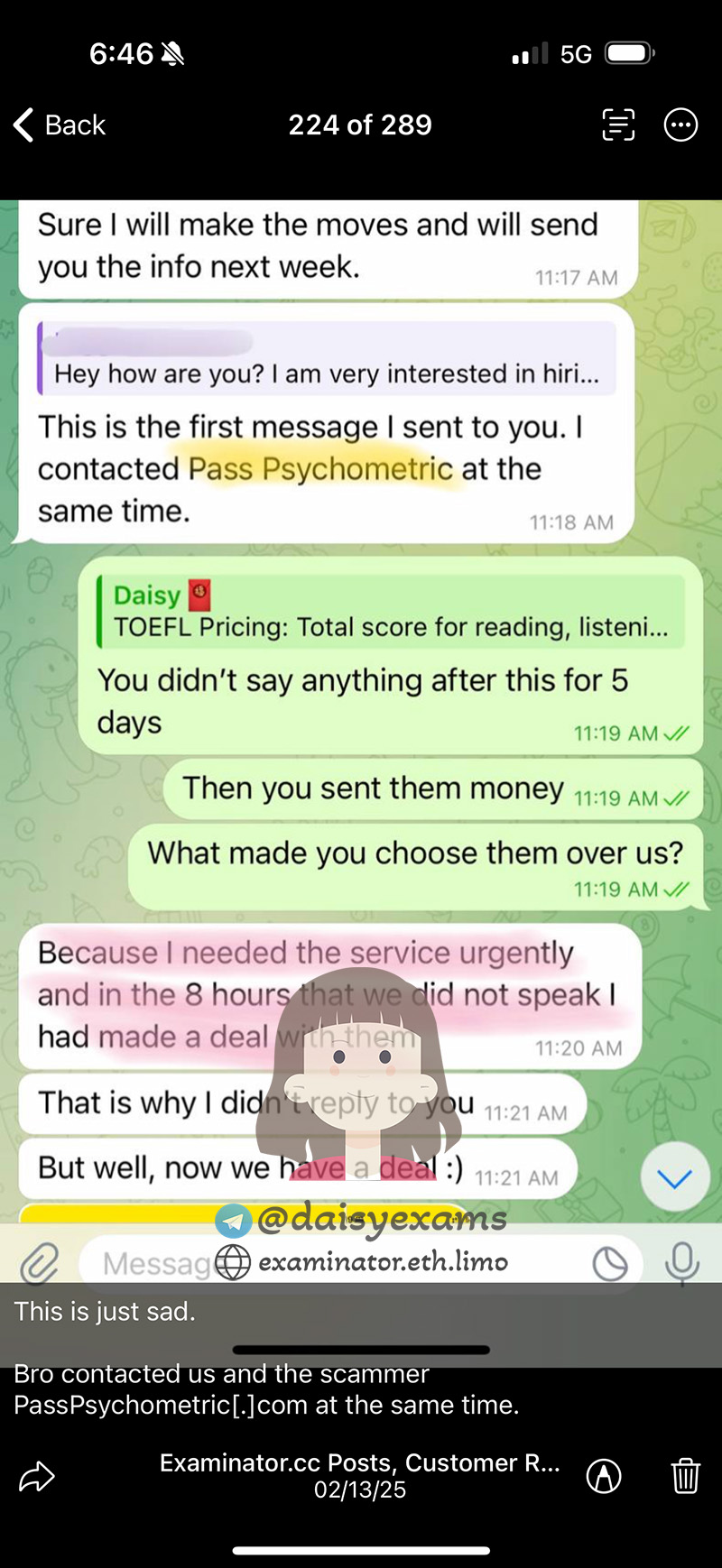 screenshot of chat logs for [TOEFL 부정행위] success story #426