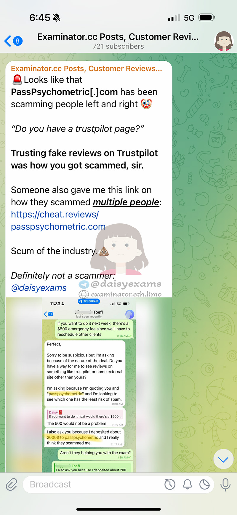 screenshot of chat logs for [TOEFL 부정행위] success story #426