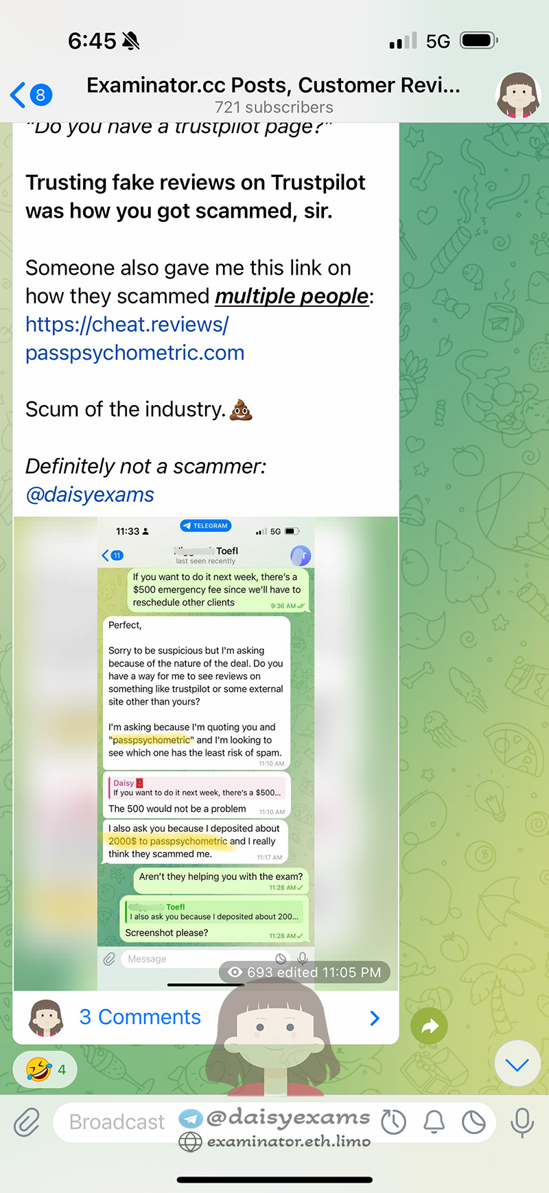 screenshot of chat logs for [TOEFL 부정행위] success story #426