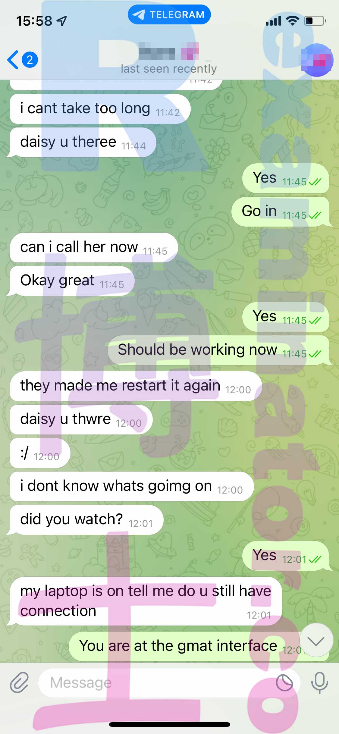 screenshot of chat logs for Tricherie au GMAT success story #394