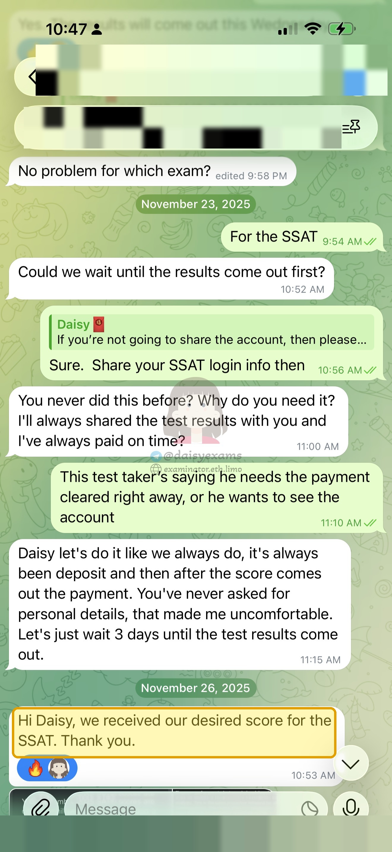 Telegram message: the client confirms they received their desired SSAT score