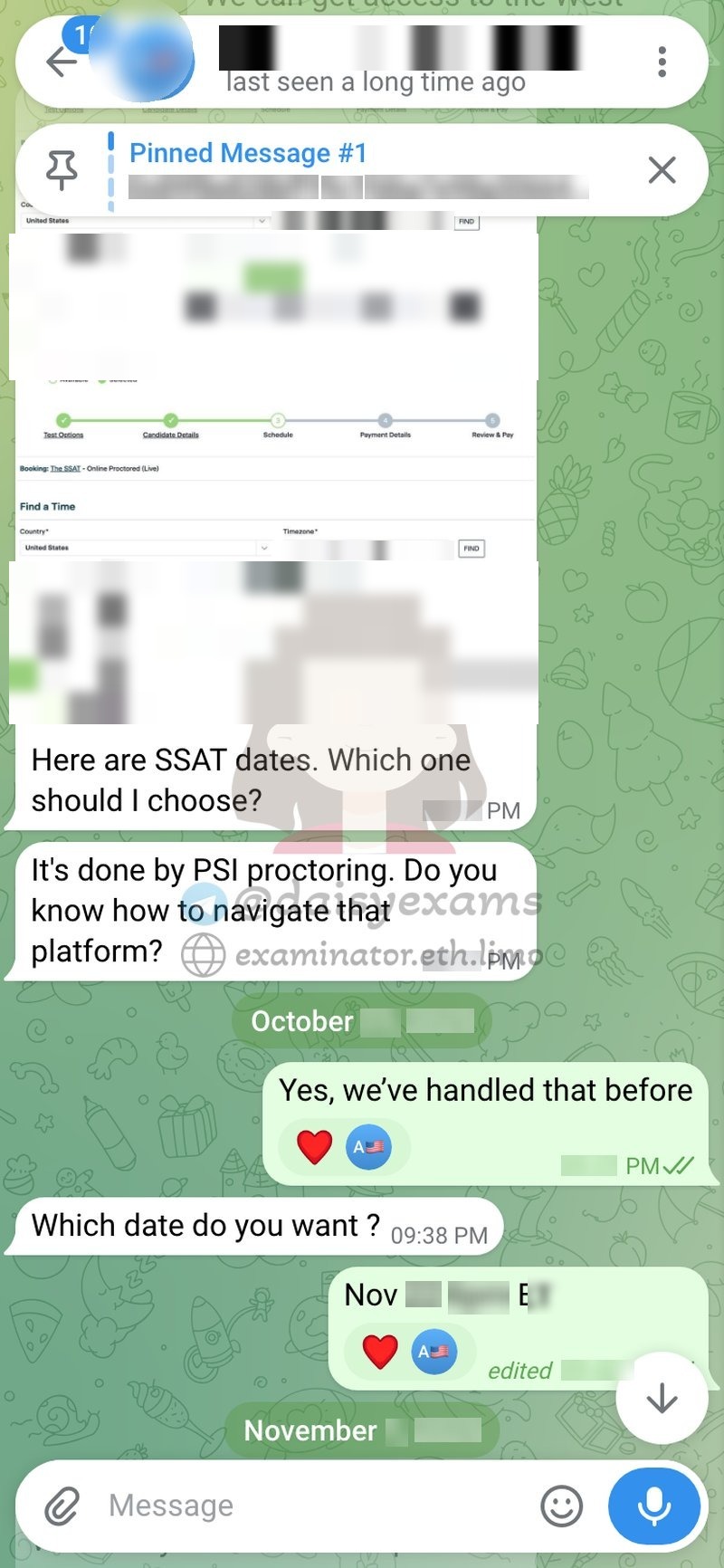 SSAT online proctored booking screen (PSI live), with the test team confirming prior experience with the platform