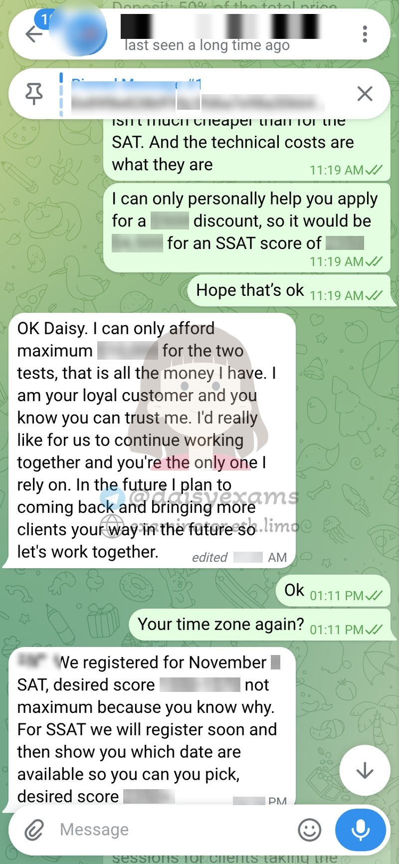 Registration details and a repeat client explaining he relies on us and refers others