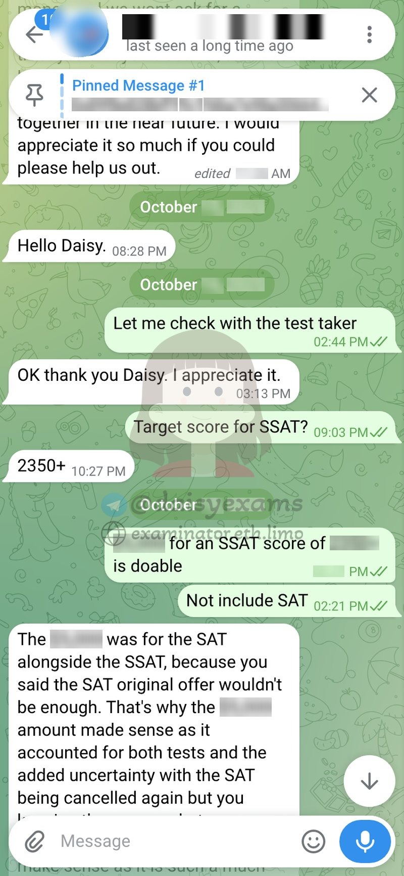 Chat setting the SSAT target score at 2350 or above, confirmed as achievable