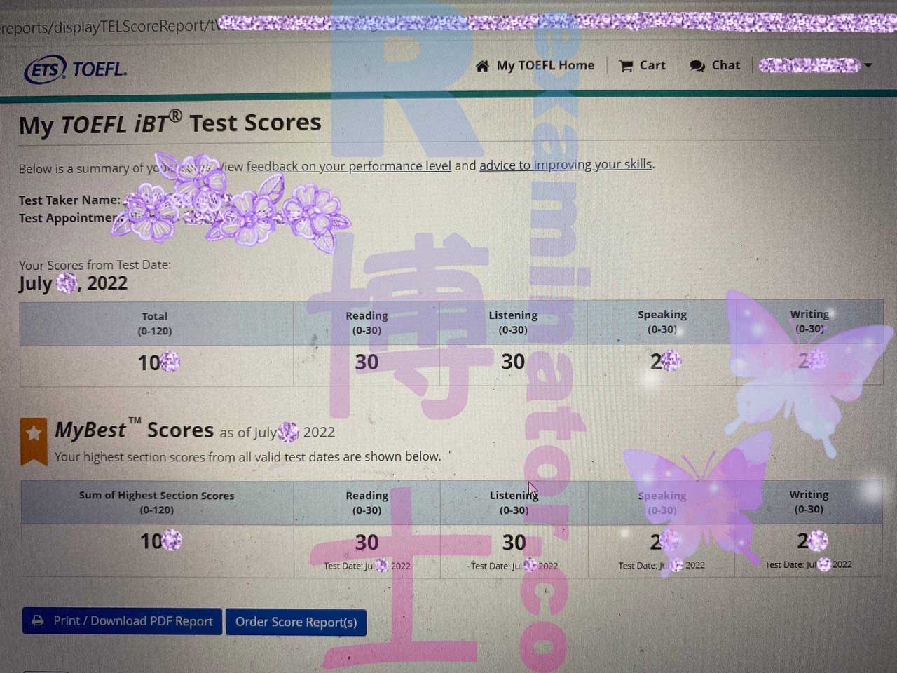 Offizielle TOEFL-Ergebnisse sind da! Doppelte 30er in Lesen und Hören! Der taiwanesische Kunde hat sehr langsam getippt und große Teile der Essays verpasst. Ansonsten wäre die Schreibpunktzahl viel höher gewesen. Sie wird als nächstes Hilfe bei ihrem SAT benötigen😎
