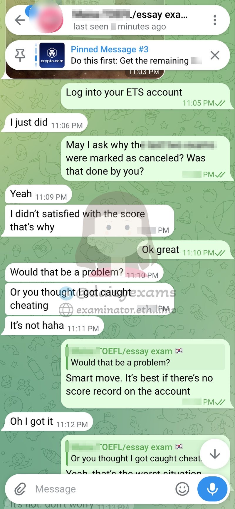 Chat: asking why the last exam was marked canceled; she says she cancelled it herself
