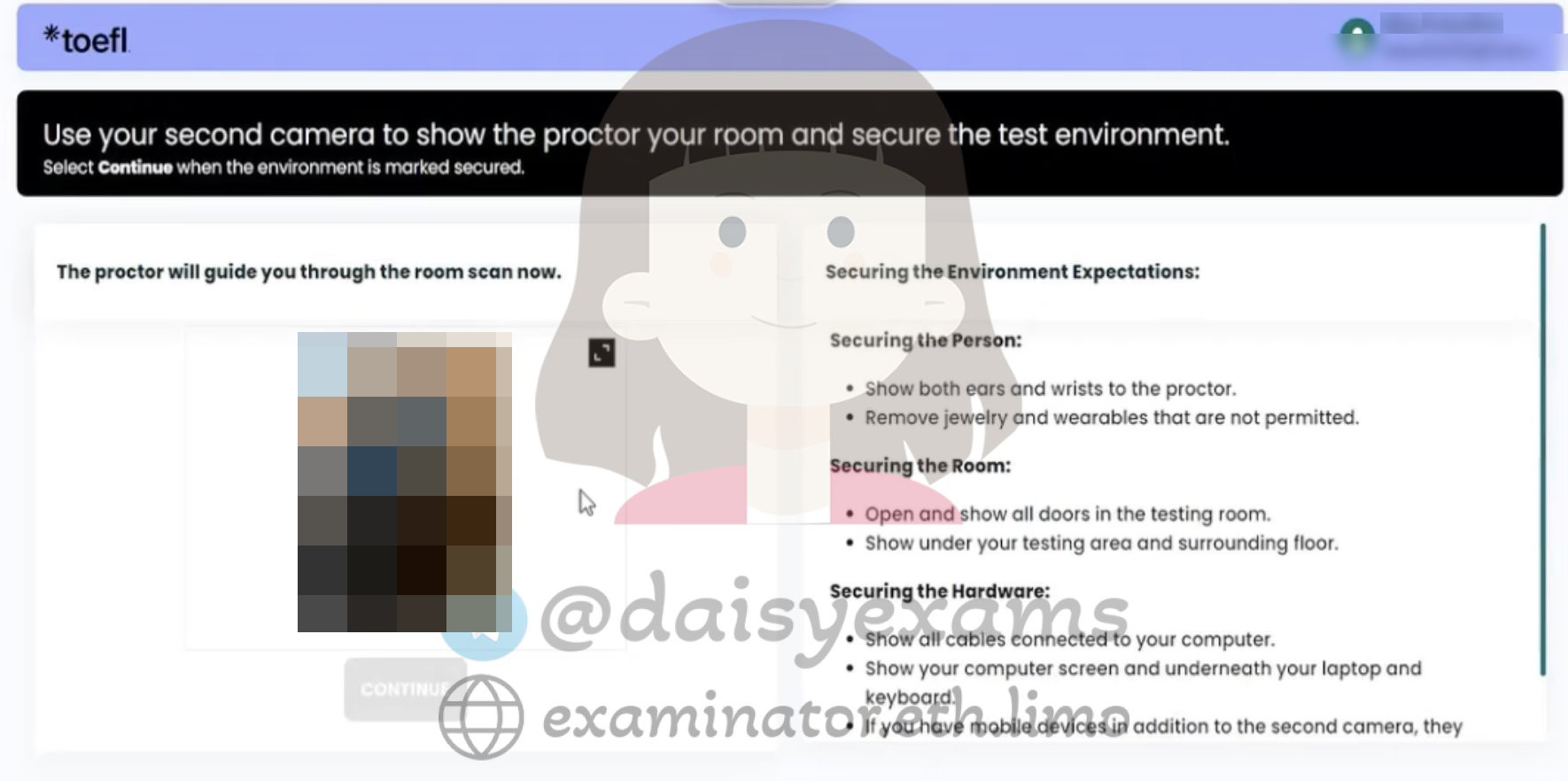 TOEFL second-camera scan of the room and hardware to secure the test environment